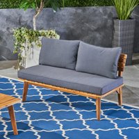 Russell Outdoor Acacia Wood Loveseat with Cushion, Teak, Gray