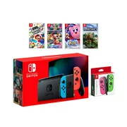 2019 New Nintendo Switch Red/Blue Joy-Con Console Multiplayer Party Game Bundle + Neon Pink/Green Joy-Con, Super Mario Party, Mario Kart 8 Deluxe, Kirby Star Allies, Minecraft