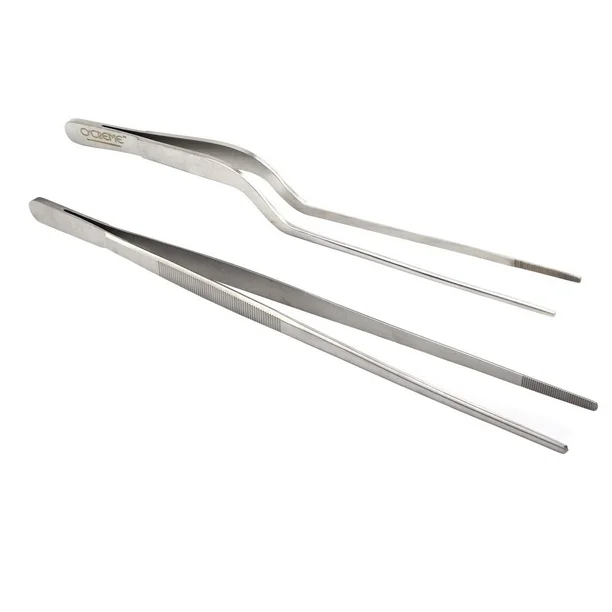 O'Creme Culinary Stainless Steel Tweezer Tongs Set of 2 - One 10 Inch Straight and One 8 Inch Offset Silver
