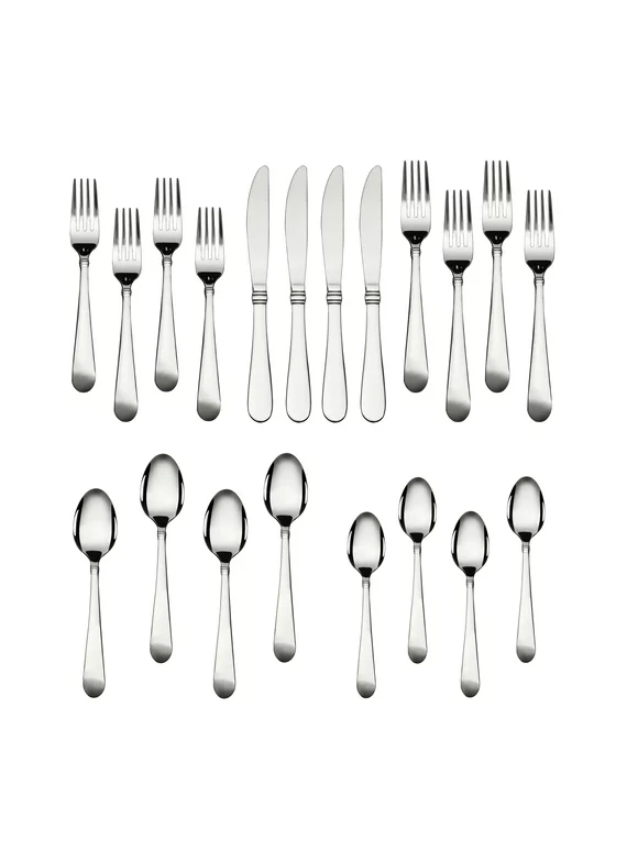 Mainstays Camfield 20 Piece Stainless Steel Flatware Set, Silver Tableware Service for 4