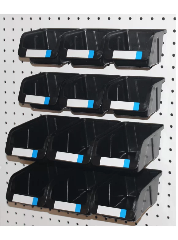 WallPeg Pegboard Bins - 12 Pack - Hooks to Peg Board - Organize Hardware, Accessories, Workbench, Garage Storage, Craft Room, Tool Shed, (6 ea. 7" & 6 ea. 5" Bins)