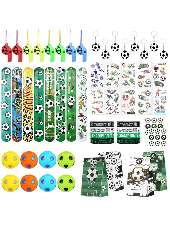Armscye 56 Pcs Soccer Party Favors, Football  Party Decoration Birthday Supplies Including Soccer Stress Ball, Stickers, Whistle, Key chain for Football Theme Party and Boys Girls Birthday Party