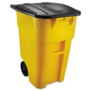 Rubbermaid Commercial Products FG9W2700YEL BRUTE Roll-Out Trash Can with Lid, Square, 50 Gallon, Yellow