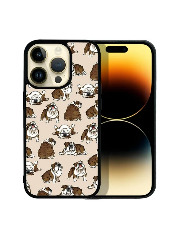 FINCIBO Soft Rubber Protector Cover Case for Apple iPhone 14 Pro 6.1" 2022, Brindle Brown English Bulldog Funny Playful Postures