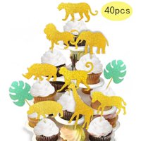 40-Pack Glitter Safari Jungle Animal Cupcake Toppers with Leaves, Safari Jungle Theme Baby Shower Party Cake Food Decoration Supplies