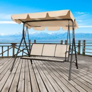Ulax Furniture 3 Person Outdoor Porch Swing Textilene Mesh Sling Seats and Convertible Canopy Patio Swing Glider Bench with Stand