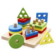 rolimate wooden educational preschool shape color recognition geometric board block stack sort chunky puzzle toys, birthday gift toy for age 3 4 5 years old and up kid children bJy toddler boy girl