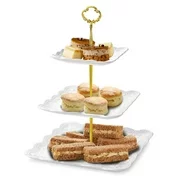 Cake Stand 3-Tiered Serving Stand for Wedding - Square Lace Embossed Cake Stand Tiered Serving Platter Tray with Gold Center Stand for Bakery Dessert Pastry Tea Party (White)