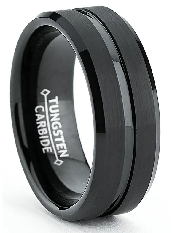 Men's Tungsten Ring Wedding Band Black Grooved Beveled Edge 8MM Sizes 7 to 15