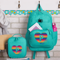 Personalized Rainbow Glitter Heart Initial & Name Aqua Backpack + Lunchbox Set-Available Individually or as a Set