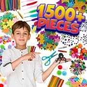 Arts and Craft Supplies for Kids - 1500+pcs in Easy Store Bag, Kids Craft Art Supply, Kids Scrapbooking Craft Set, DIY Crafting Kit, Pipe Cleaners, Pom Poms, Googly Eyes, Feathers, Beads, Age 4 to 12