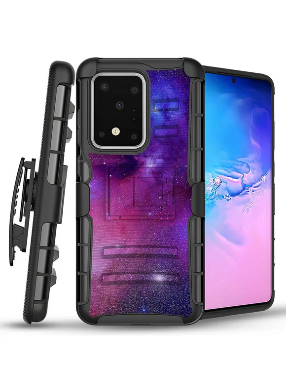 Bemz Armor Combo Samsung Galaxy S20 Ultra, 6.9 inch Phone Case - Heavy Duty Rugged Protector Cover with Removable Belt Clip Holster and Atom Wipe - Purple Nebula
