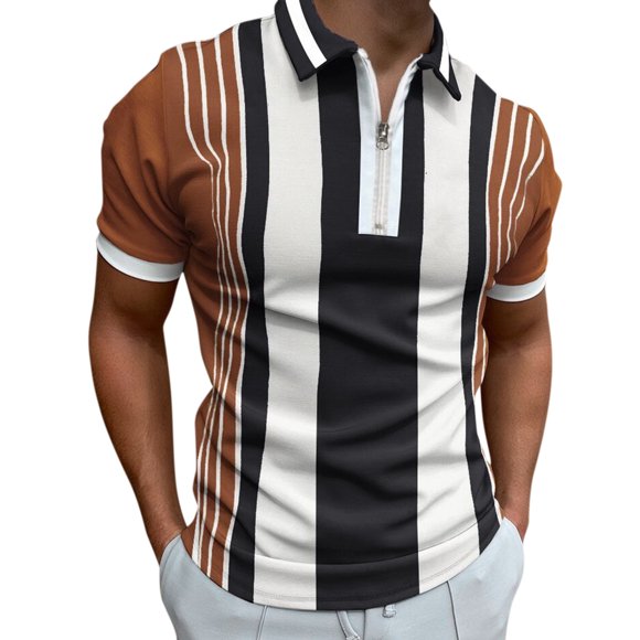 NECHOLOGY Mens Big And Tall Tee Shirts Male Summer Casual StripePrint T Shirt Turn Down Collar Short Sleeve Tall T Shirt Coffee XX-Large