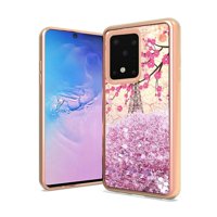 Bemz Samsung Galaxy S20+ Plus, 6.7 inch Liquid Case: Chrome TPU Quicksand Waterfall Glitter Cover with Atom Wipe - Paris Cherry Blossom