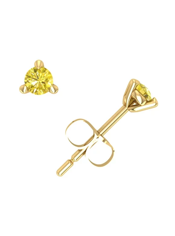Real 0.10Ct Round Cut Yellow Diamond Martini Stud Earrings 14k Yellow Gold Push Back I1