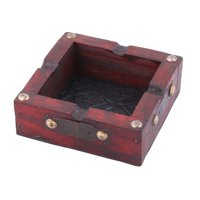 Home Wood Square Shape  Tobacco Ashtray Container Holder Case Dark Red
