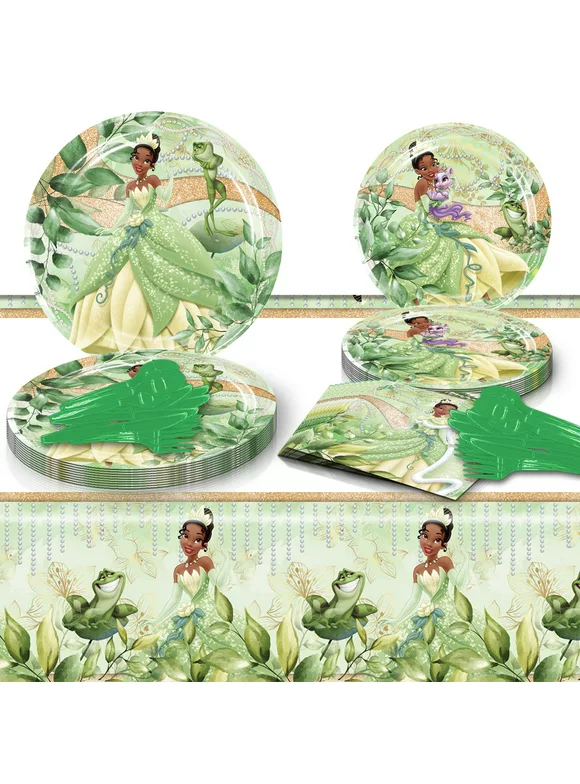 71Pcs Princess Tiana Birthday TTParty Decorations for 10 Guests, Princess and The Frog Theme Party Supplies Include 20 Plates, 10 Napkins, 10 Forks, 10 Knives, 10 Spoons, 10 Table Cover