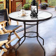 Homevibes 32" Outdoor Patio Dining Table Tempered Glass Top Bistro Table Top Umbrella Stand Round Deck Furniture Garden Table Metal Frame, Dark Chocolate