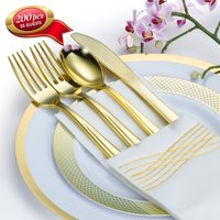 By Madee: (New) Premium 200 Pc Gold Plastic Dinnerware Set - Elegant Disposable Plates Party Plates, Metalic Foil Stamped Linen-feel Napkins, Plastic Cups and Plastic Silverware Set For 25 Guests