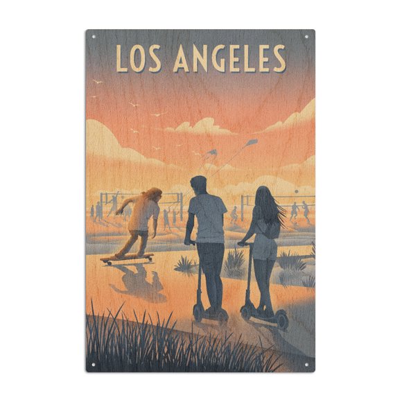 Los Angeles, California, Lithograph, Enjoy the Ride, Longboards and Scooters Birch Wood Wall Sign (6x9 Rustic Home Decor, Ready to Hang Art)