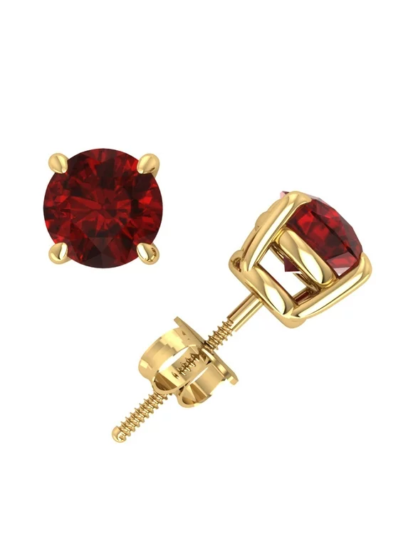 Genuine 1.50Ct Round Ruby Basket Stud Earrings 18k Yellow Gold 4Prong ScrewBack AAA Quality