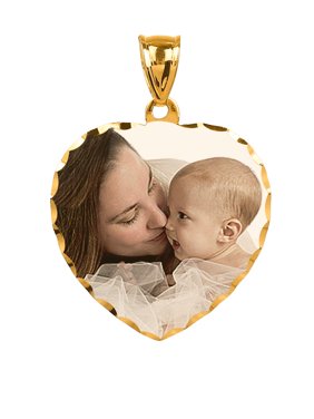 Personalized Sterling Silver, Gold Plated, 10k or 14k Heart Design Color Photo Charm with Diamond Cut Border