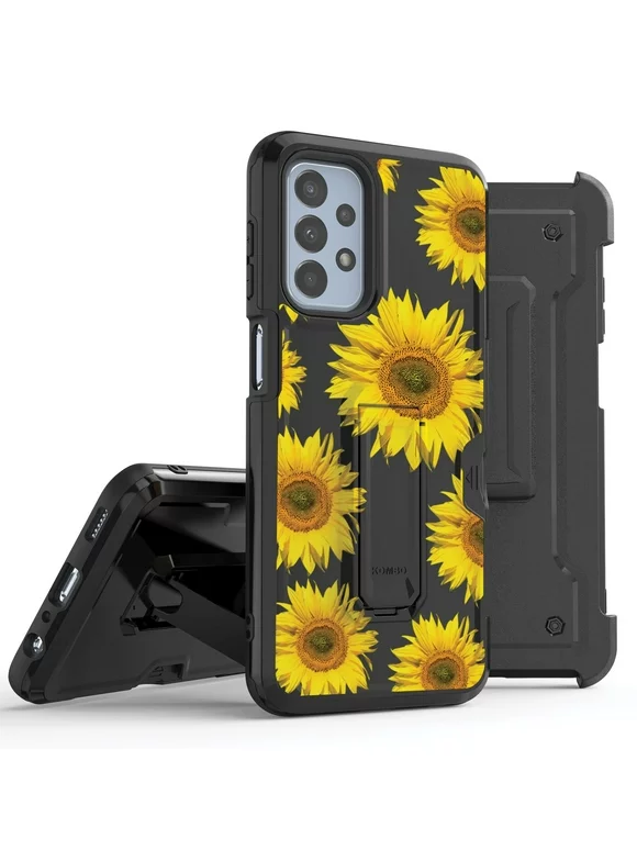Beyond Cell Armor Case for Samsung Galaxy A23 5G (Heavy Duty Rugged Protection Kickstand Cover with Belt Holster Clip) - Sunflowers
