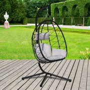 Patio Egg Chair, Swing Hanging Chair with Light Gray Cushion, Black Rattan Hammock Chair with Aluminum Frame and X-Shaped Stand, Lounge Egg Chair for Outdoor Patio Garden Porch Deck Poolside, L1585