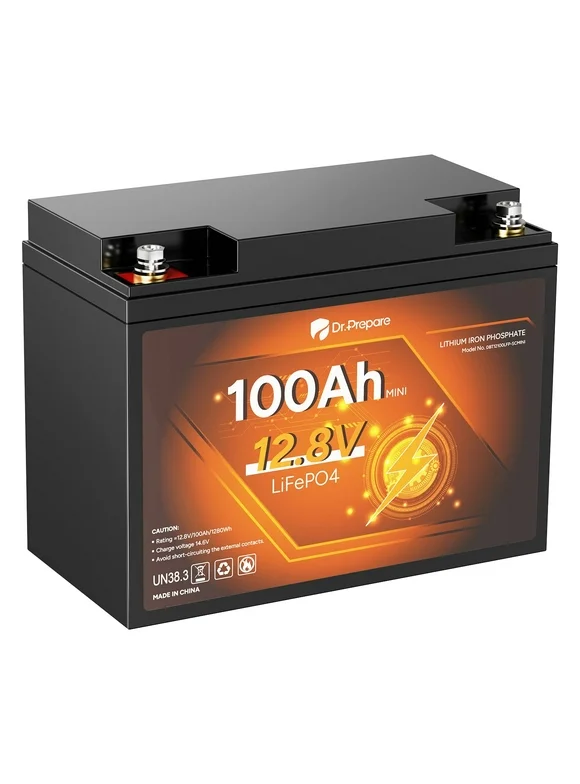 Dr. Prepare 12V 100Ah Mini LiFePO4 Battery, 1280Wh Lithium Battery w/100A BMS, Grade A Cells, 5000 Cycles & 10-Year Lifetime for RV, Trolling Motor, Marine, Off-Grid, Solar Energy