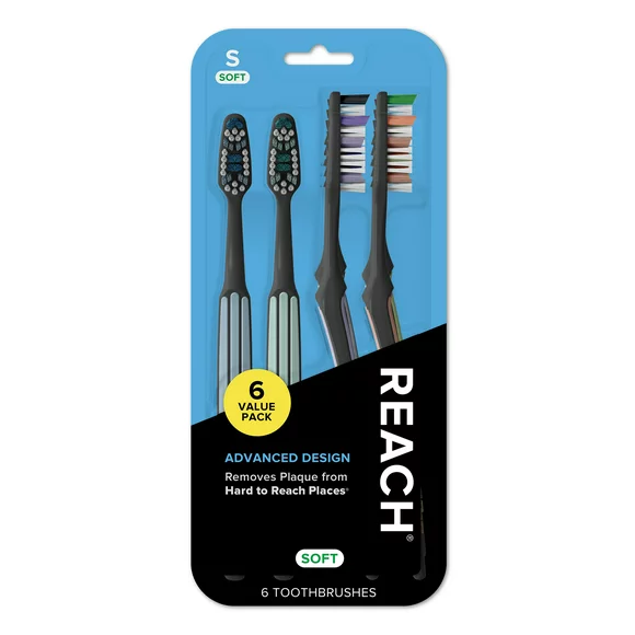 REACH Advanced Design Toothbrush, Angled Neck, Soft Bristles, 6 Count (Packaging and Color May Vary)