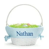 Personalized Planet Blue and White Liner with Custom Name Embroidered in Blue Thread on White Woven Spring Easter Basket with Collapsible Handle for Egg Hunt or Book Toy Storage
