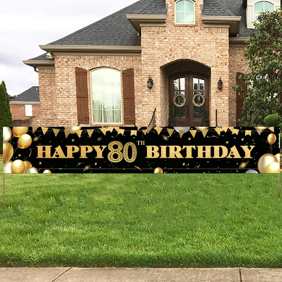 Happy 80th Birthday Decoration Banner, Large Black and Gold Happy 80th Birthday Banner Sign, 60th Birthday Party Decorations Supplies(9.8x1.6ft)