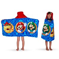 Super Mario Kids Terry Cotton Bath and Beach Hooded Towel Wrap, Blue