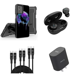 Accessories for Motorola Moto G Stylus 5G 2023 - Belt Holster Kickstand Rugged Case (Blue Purple Moon Wolf), Wireless Earbuds, UL Listed USB-C PD Wall Charger, 3-Pack of USB Cables (3ft, 6ft, 10ft)