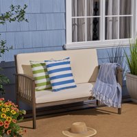 Brendon Outdoor Acacia Wood Loveseat with Cushion, Gray, Cream