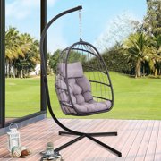 UHOMEPRO Resin Wicker Hanging Egg Chair with Cushion and Stand, Heavy Duty Swing Chair Backyard Relax, UV Resistant Outdoor Indoor Patio Hanging Egg Chair with Aluminum Frame, Holds 350lbs, Q9733
