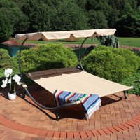 Sunnydaze Double Chaise Outdoor Lounge Bed with Canopy and Headrest Pillow, Portable Patio Sunbed Hammock Lounger, Beige