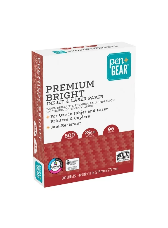 Pen+Gear Premium Bright Paper, 8.5" x 11", 96 Bright, White, 24 lb., 1 Ream (500 Sheets)