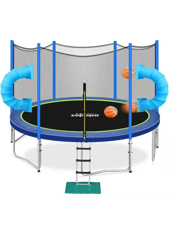 Zupapa 2022 Patented Basketball Tunnel Game Trampolines 15 14 12FT for Kids with Safety Enclosure Net 425LBS Weight Capacity Outdoor Trampoline for Backyard Family Comes with All Accessories