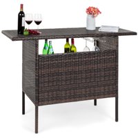 Best Choice Products Outdoor Patio Wicker Bar Counter Table w/ 2 Steel Shelves, 2 Sets of Rails - Brown