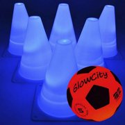 GlowCity Light-Up Soccer Ball and Cones  Blazing Red Edition Glow-in-the-Dark Size Official 5 Ball and 6 LED Agility Cones  Ideal for Youth Training, Indoor or Outdoor Play - Batteries Fitted (Blue)