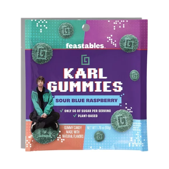 Feastables Karl Gummy Candy, Sour Blue Raspberry Flavor, 1.8 oz, 1 Bag