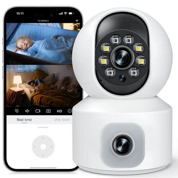 GPED Baby Monitor with Dual Cameras, 3K HD WiFi Security Camera W/ 360 PTZ & Fixed Camera,, Motion Tracking & Full-Color Night Vision for Baby Monitor/Pet Camera, 2-Way Audio for Baby Pet Elderly