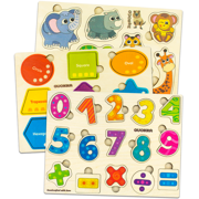 Quokka Wooden Toddlers Puzzles 1 2 3 Year Olds, 3 Pack Puzzles, Kids and Babies Matching Game for Learning Numbers Shapes Animal, Educational Wood Preschool Toys for Boys and Girls Ages 1-3