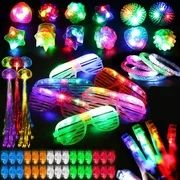 LED Light Up Toy Party Favors 78 Pieces Glow In The Dark,Party Supplies Bulk For Adult Kids Birthday Halloween With 50 Finger Light, 12 Jelly Ring, 6 Glasses, 5 Bracelet, 5 Hair Light