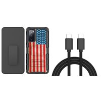 Bemz Holster Armor Case Bundle for Samsung Galaxy S20 FE 5G: Protector Belt Clip Kickstand Cover with PD Fast Charging USB-C to USB-C Charger Cable (3 Feet) and Touch Tool - Vintage American Flag