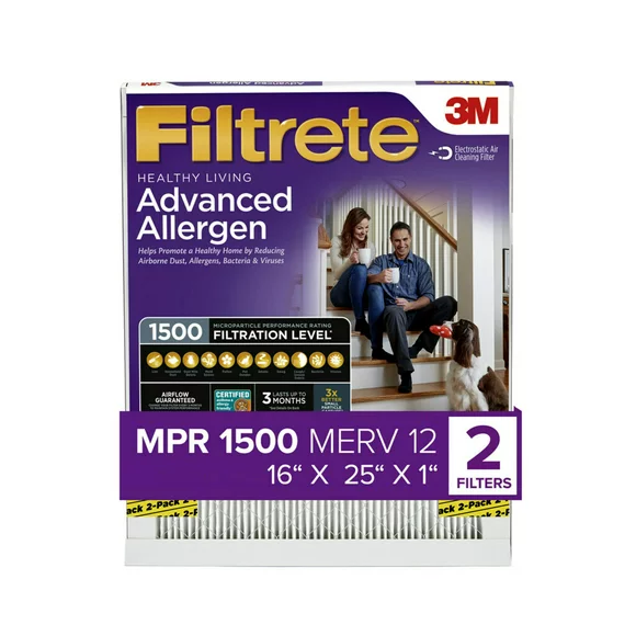 Filtrete 16x25x1 Air Filter, MPR 1500 MERV 12, Advanced Allergen Reduction, 2 Filters