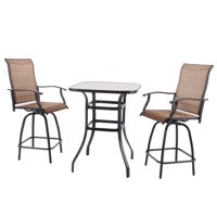 Pyramid Home Decor 3-Piece High Swivel Bar Set - High Top Tempered Glass Table with 2 Stools - Chairs Made of Brown Textilene Sling Fabric, Strong Metal Frames - Great for Patio, Porch, Poolside Area