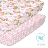 The Peanutshell Playard Sheets for Baby Girls, 2 pack set, Pink and Gold Butterfly/Pink Ditsy Floral