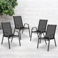 Flash Furniture 4 Pack Brazos Series Black Outdoor Stack Chair with Flex Comfort Material and Metal Frame